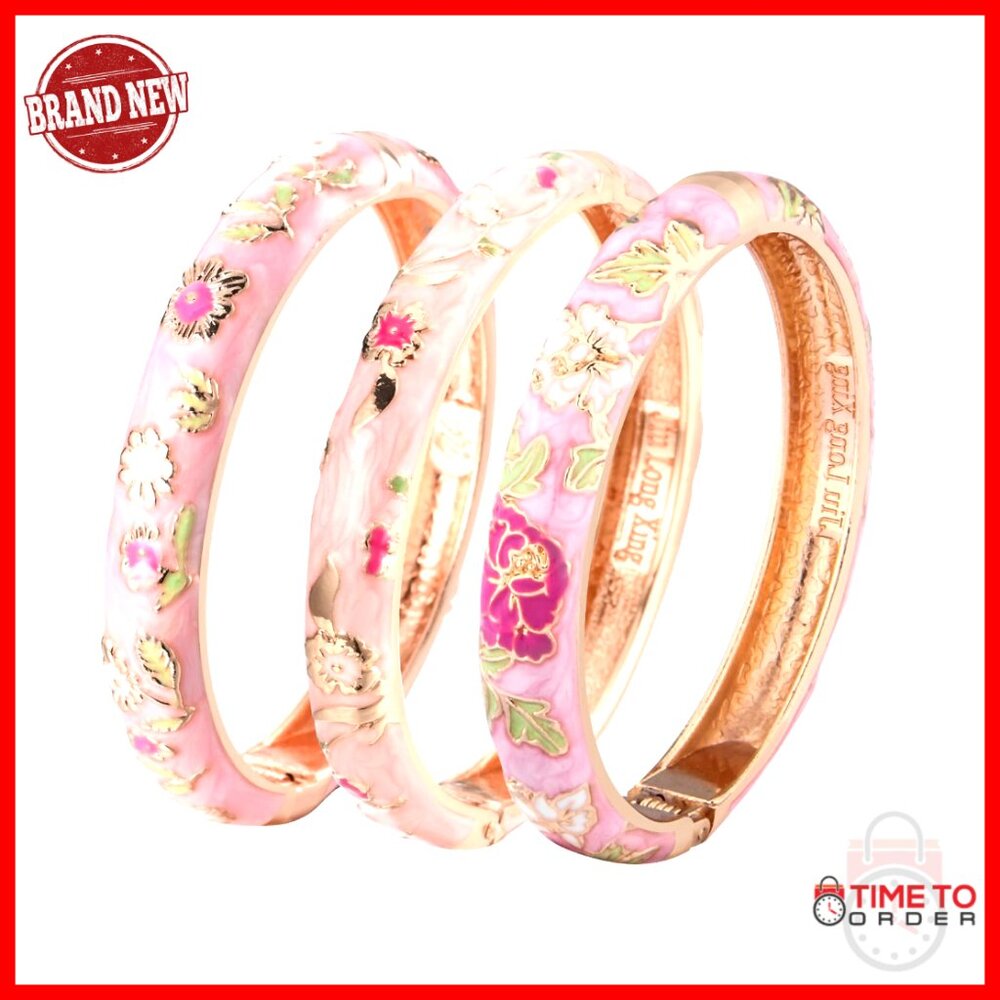 Gold Plated Hinged Cuff Bangle Bracelet Set Enamel Flower Design